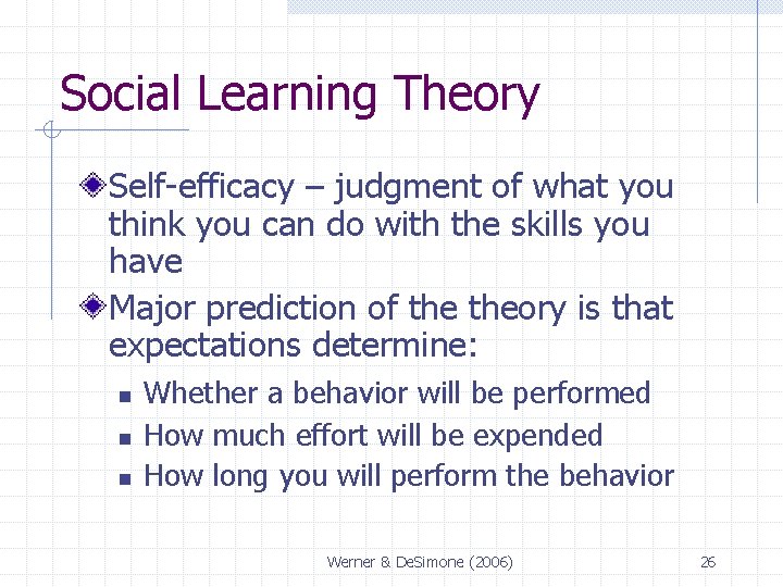 Social Learning Theory Self-efficacy – judgment of what you think you can do with
