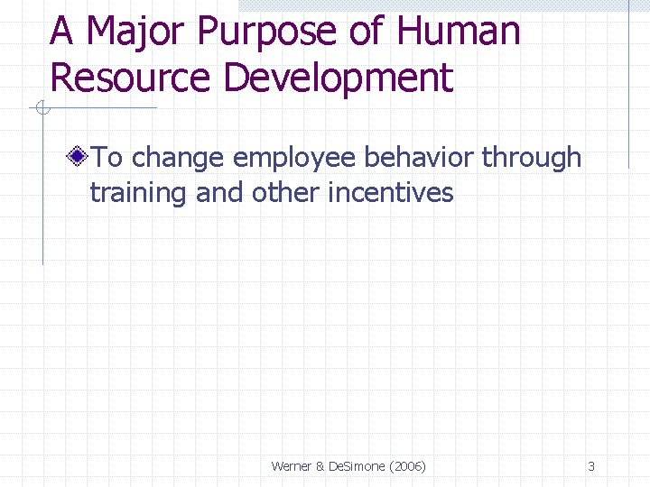 A Major Purpose of Human Resource Development To change employee behavior through training and