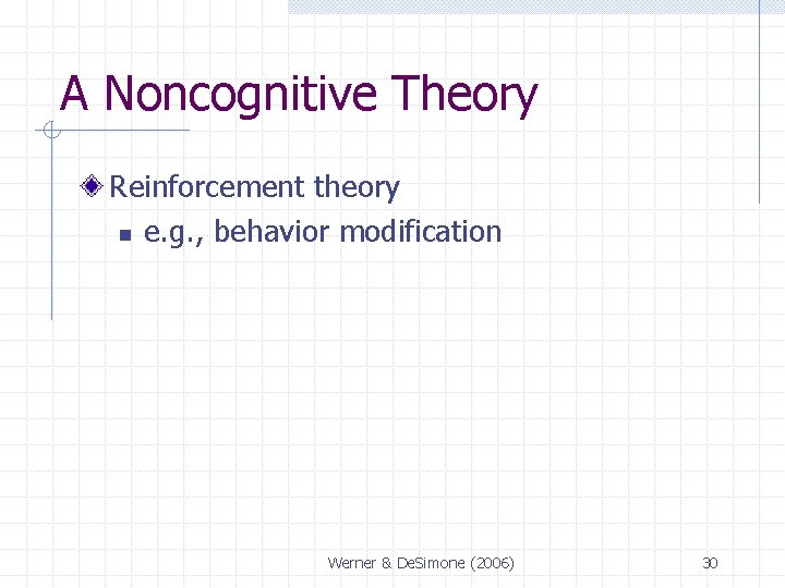 A Noncognitive Theory Reinforcement theory n e. g. , behavior modification Werner & De.