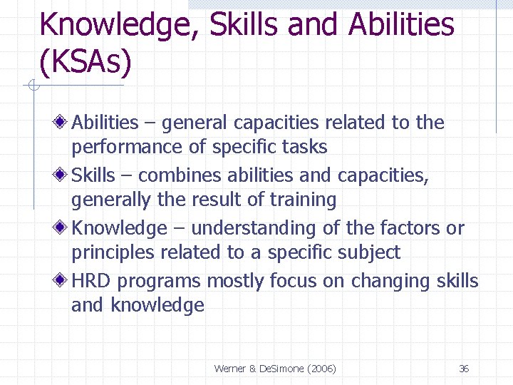 Knowledge, Skills and Abilities (KSAs) Abilities – general capacities related to the performance of