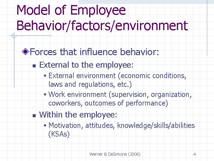 Model of Employee Behavior/factors/environment Forces that influence behavior: n External to the employee: w