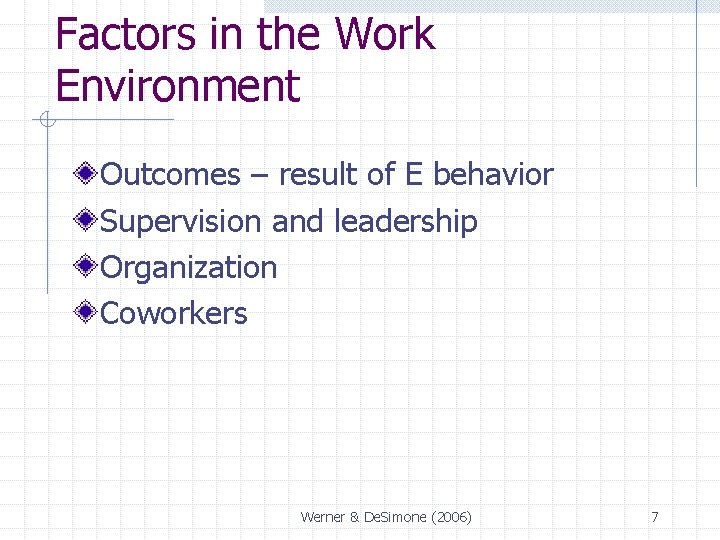 Factors in the Work Environment Outcomes – result of E behavior Supervision and leadership