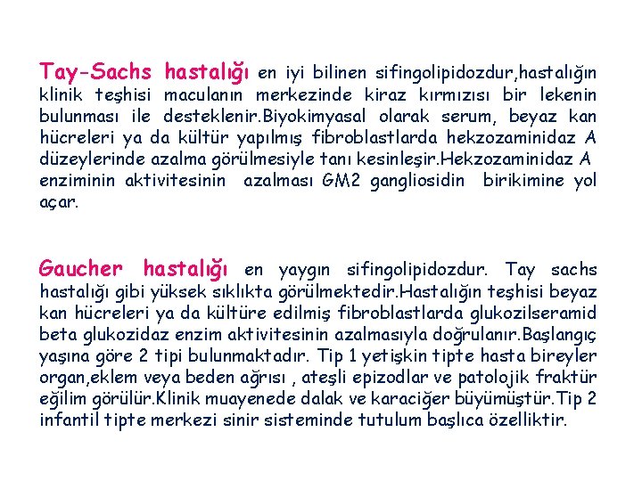 Tay-Sachs hastalığı en iyi bilinen sifingolipidozdur, hastalığın klinik teşhisi maculanın merkezinde kiraz kırmızısı bir