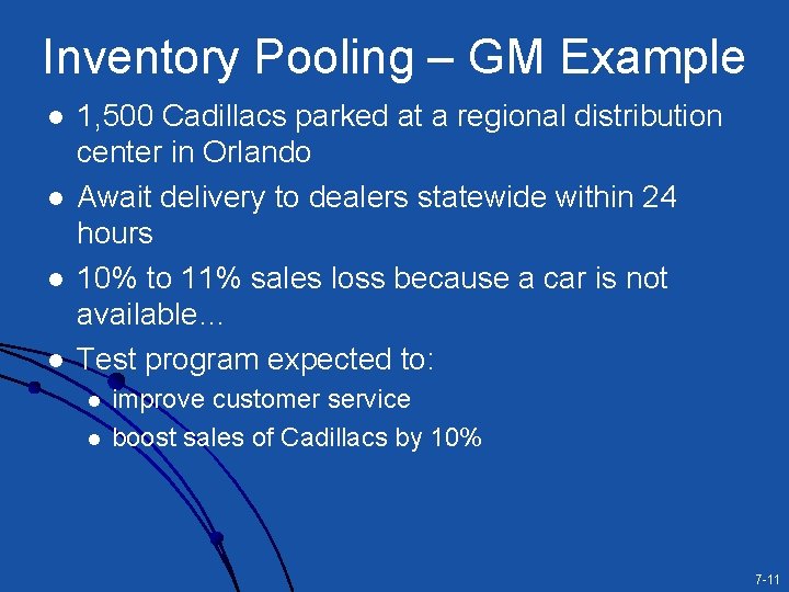 Inventory Pooling – GM Example l l 1, 500 Cadillacs parked at a regional