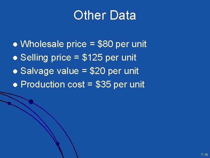 Other Data Wholesale price = $80 per unit l Selling price = $125 per