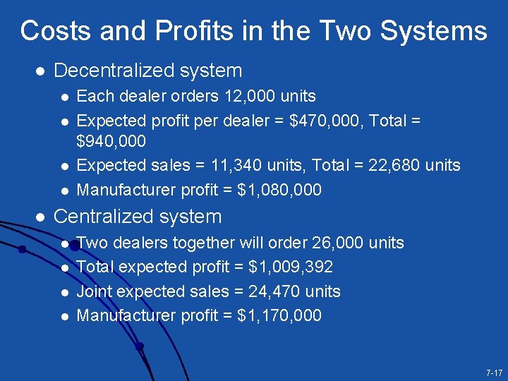 Costs and Profits in the Two Systems l Decentralized system l l l Each
