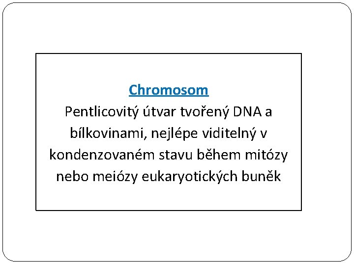 Chromosom Pentlicovitý útvar tvořený DNA a bílkovinami, nejlépe viditelný v kondenzovaném stavu během mitózy