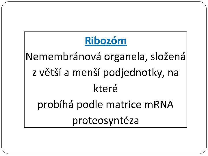 Ribozóm Nemembránová organela, složená z větší a menší podjednotky, na které probíhá podle matrice