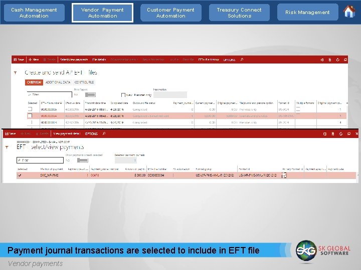 Cash Management Automation Vendor Payment Automation Customer Payment Automation Treasury Connect Solutions Payment journal