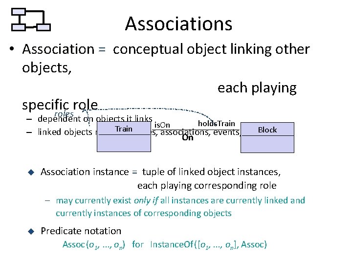 Associations • Association = conceptual object linking other objects, each playing specific roles –
