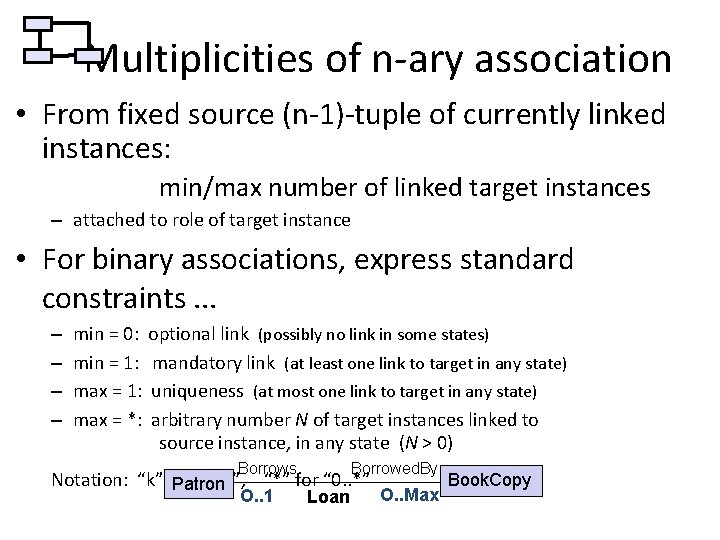 Multiplicities of n-ary association • From fixed source (n-1)-tuple of currently linked instances: min/