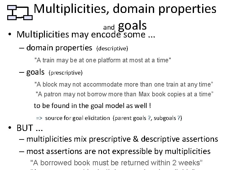 Multiplicities, domain properties and goals • Multiplicities may encode some. . . – domain