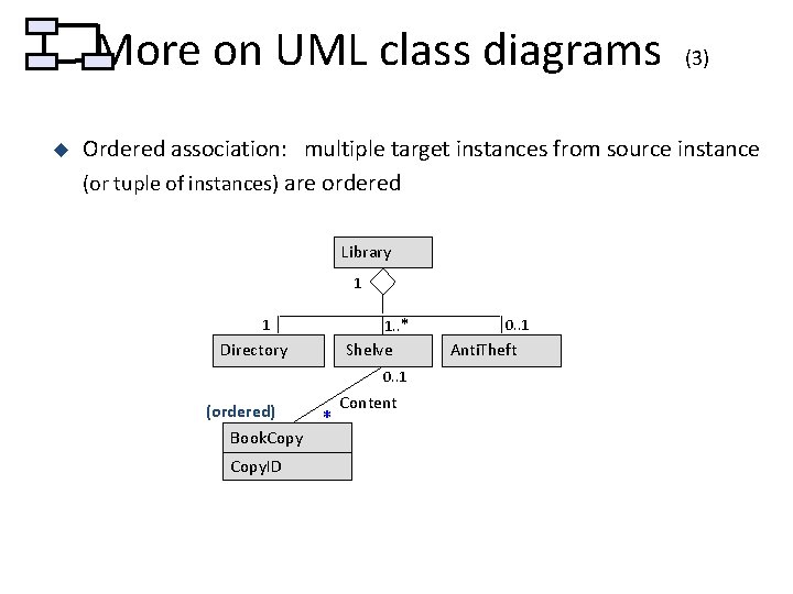 More on UML class diagrams u (3) Ordered association: multiple target instances from source