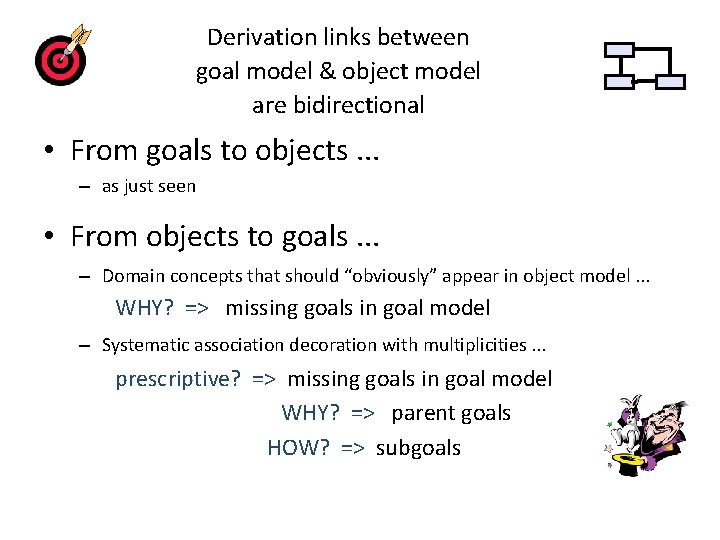 Derivation links between goal model & object model are bidirectional • From goals to