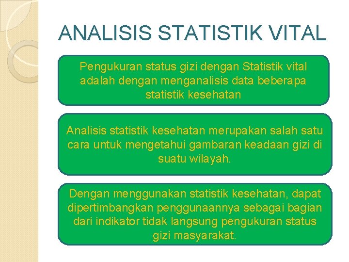 ANALISIS STATISTIK VITAL Pengukuran status gizi dengan Statistik vital adalah dengan menganalisis data beberapa