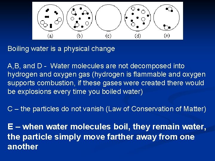 Boiling water is a physical change A, B, and D - Water molecules are
