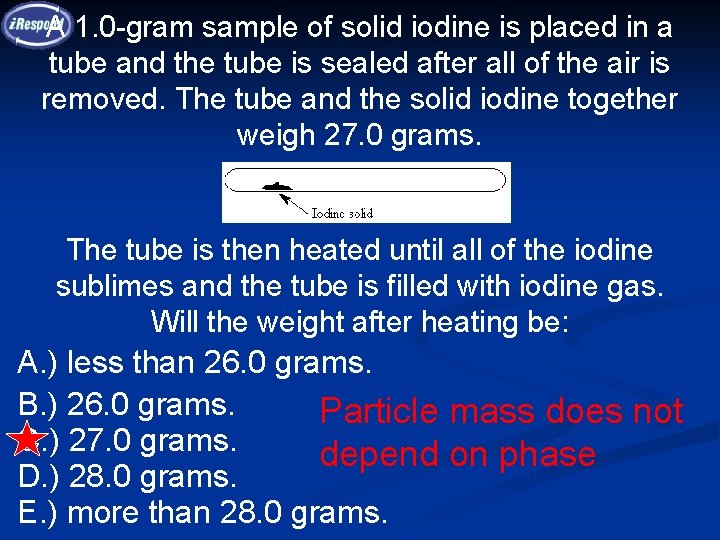 A 1. 0 -gram sample of solid iodine is placed in a tube and