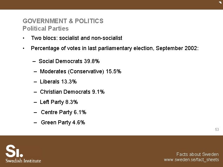 GOVERNMENT & POLITICS Political Parties • Two blocs: socialist and non-socialist • Percentage of