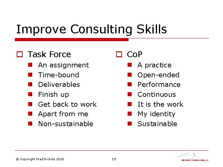 Improve Consulting Skills o Task Force n n n n o Co. P An