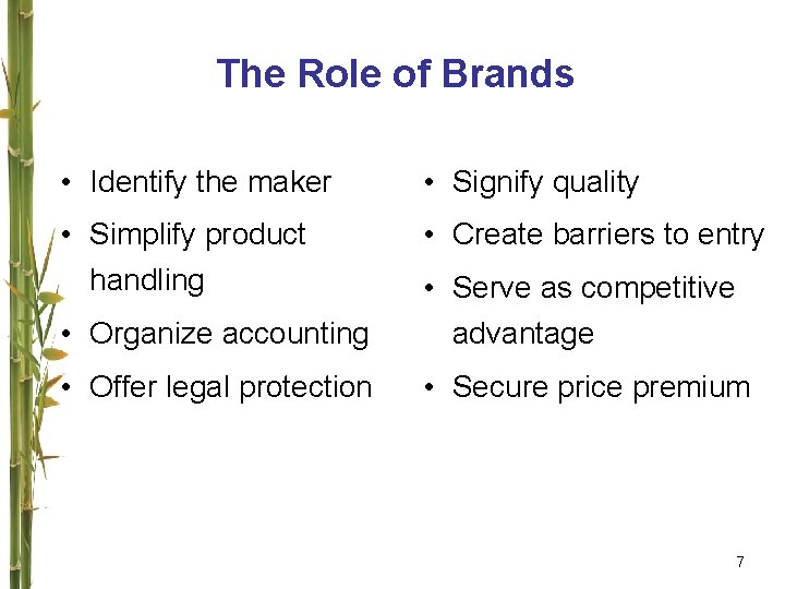 The Role of Brands • Identify the maker • Signify quality • Simplify product