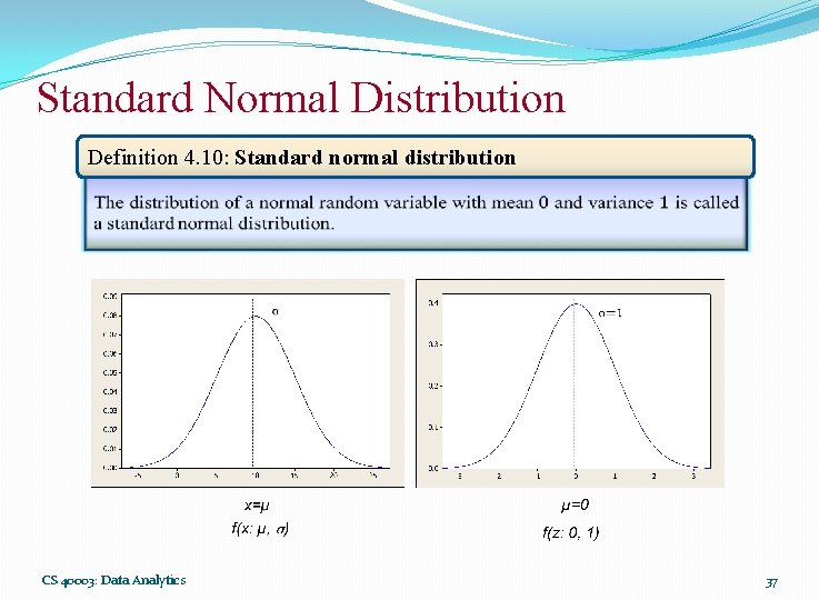 Standard Normal Distribution Definition 4. 10: Standard normal distribution CS 40003: Data Analytics 37 Standard Normal Distribution Definition 4. 10: Standard normal distribution CS 40003: Data Analytics 37
