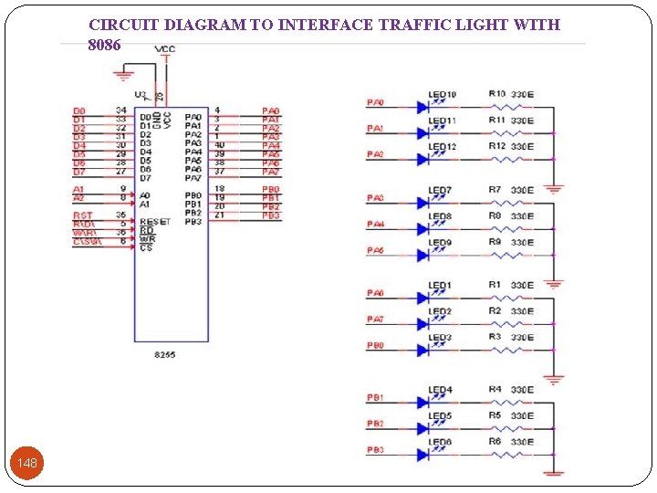 CIRCUIT DIAGRAM TO INTERFACE TRAFFIC LIGHT WITH 8086 148 