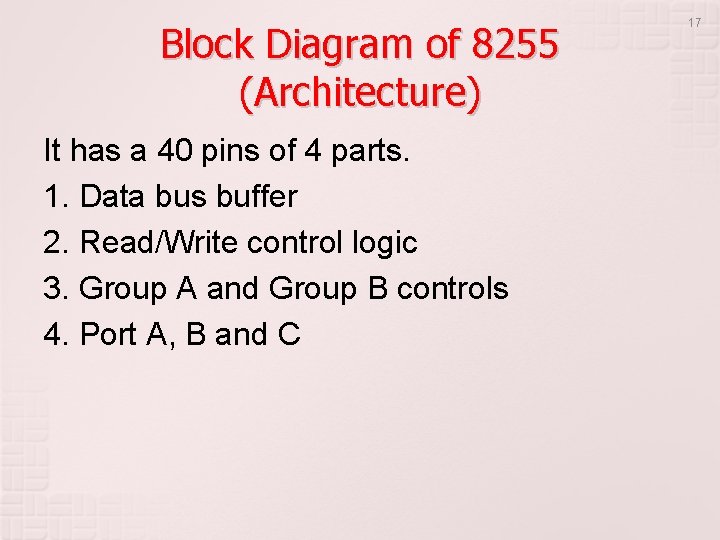 Block Diagram of 8255 (Architecture) It has a 40 pins of 4 parts. 1. Block Diagram of 8255 (Architecture) It has a 40 pins of 4 parts. 1.