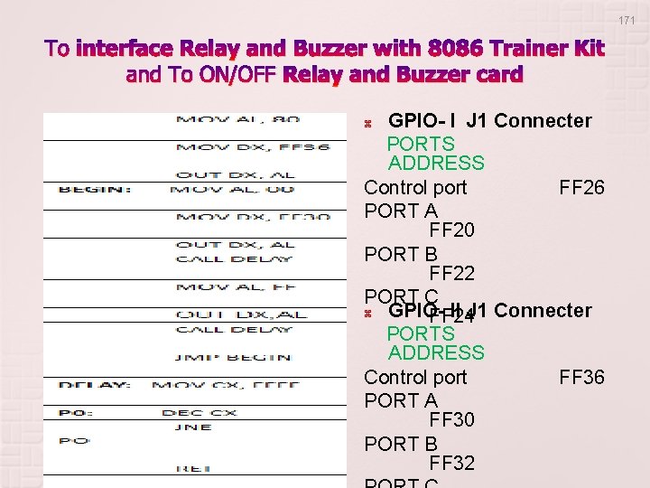 171 To interface Relay and Buzzer with 8086 Trainer Kit and To ON/OFF Relay