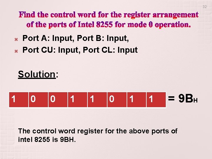 32 Port A: Input, Port B: Input, Port CU: Input, Port CL: Input Solution: 32 Port A: Input, Port B: Input, Port CU: Input, Port CL: Input Solution: