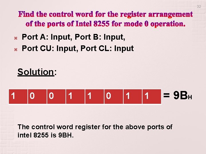 32 Port A: Input, Port B: Input, Port CU: Input, Port CL: Input Solution: