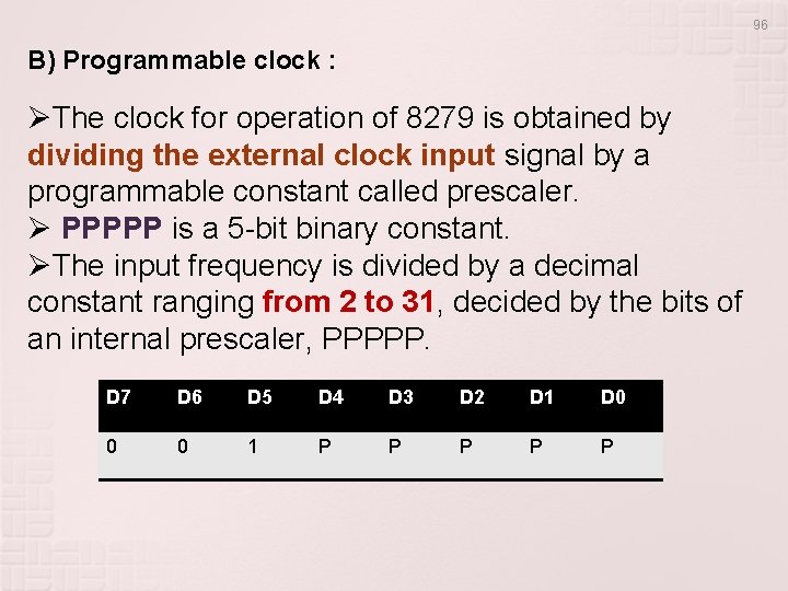 96 B) Programmable clock : ØThe clock for operation of 8279 is obtained by 96 B) Programmable clock : ØThe clock for operation of 8279 is obtained by