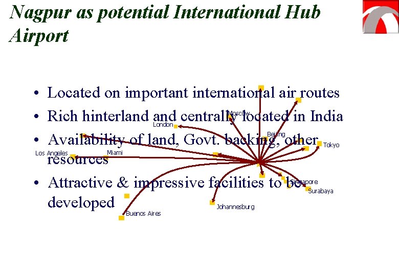 Nagpur as potential International Hub Airport • Located on important international air routes •