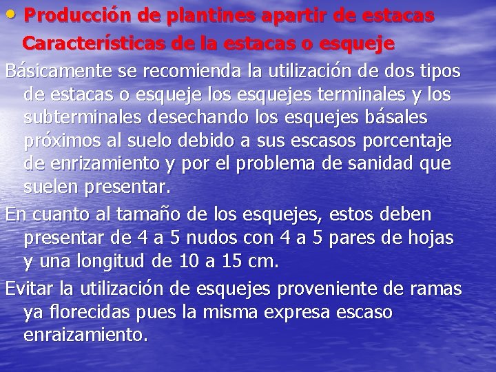  • Producción de plantines apartir de estacas Características de la estacas o esqueje