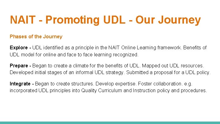 NAIT - Promoting UDL - Our Journey Phases of the Journey Explore - UDL