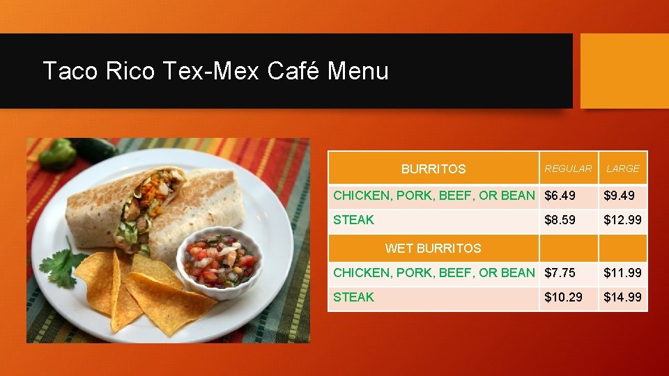 Taco Rico Tex-Mex Café Menu BURRITOS REGULAR LARGE CHICKEN, PORK, BEEF, OR BEAN $6.