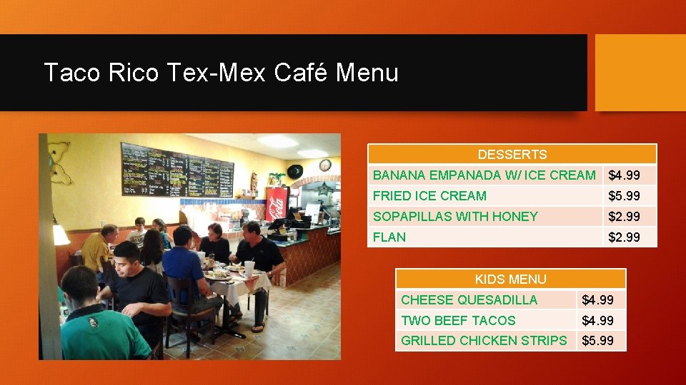 Taco Rico Tex-Mex Café Menu DESSERTS BANANA EMPANADA W/ ICE CREAM $4. 99 FRIED