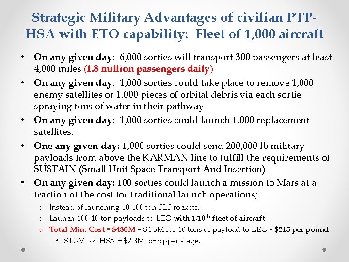 Strategic Military Advantages of civilian PTPHSA with ETO capability: Fleet of 1, 000 aircraft