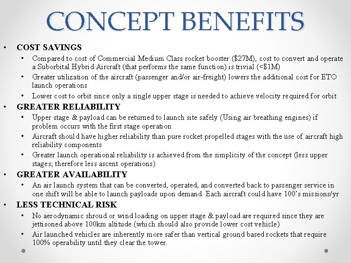 CONCEPT BENEFITS • COST SAVINGS • • GREATER RELIABILITY • • Upper stage &