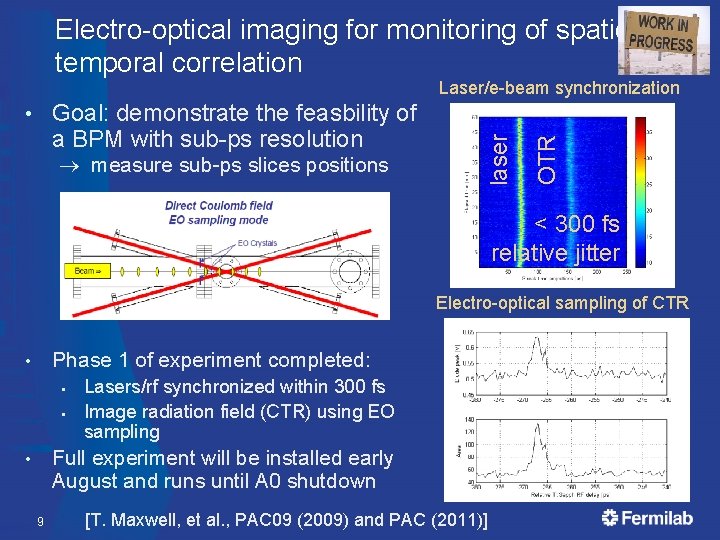 Electro-optical imaging for monitoring of spatiotemporal correlation measure sub-ps slices positions OTR Goal: demonstrate