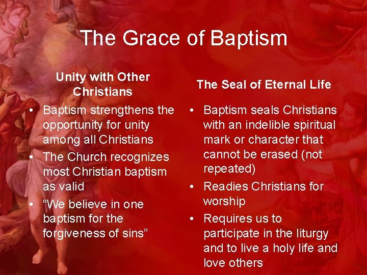 The Grace of Baptism Unity with Other Christians • Baptism strengthens the opportunity for
