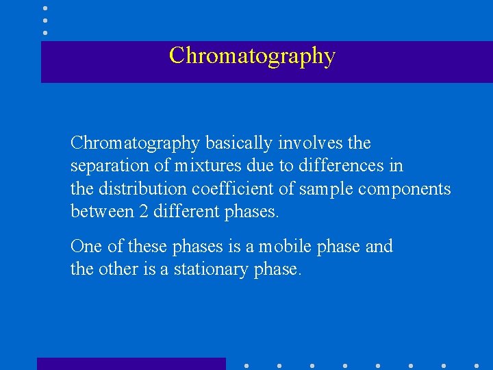 Chromatography basically involves the separation of mixtures due to differences in the distribution coefficient