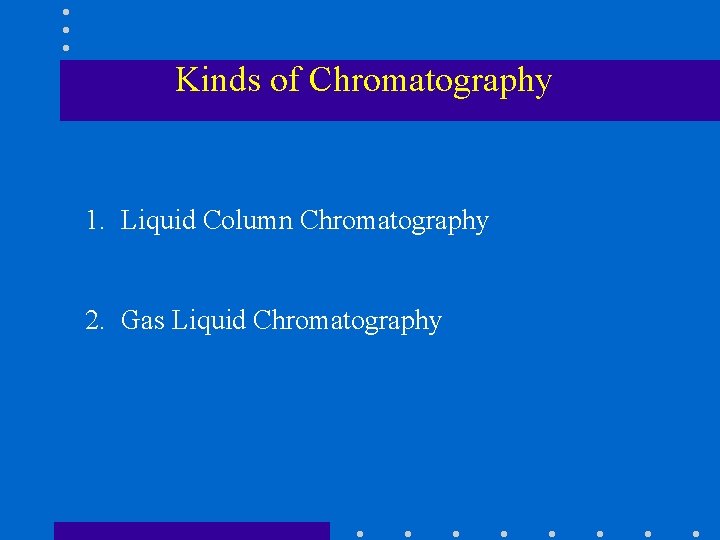 Kinds of Chromatography 1. Liquid Column Chromatography 2. Gas Liquid Chromatography 