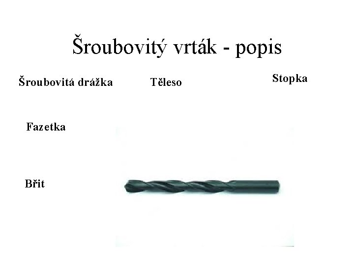 Šroubovitý vrták - popis Šroubovitá drážka Fazetka Břit Těleso Stopka 