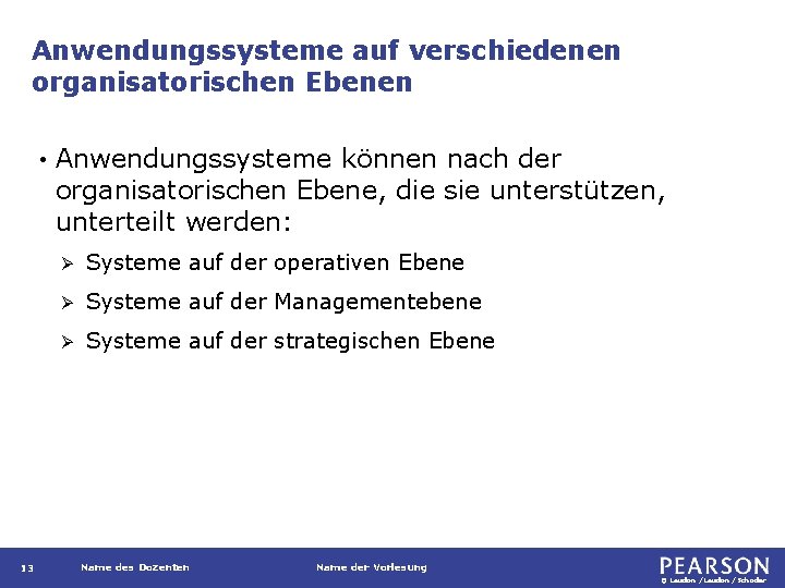 Anwendungssysteme auf verschiedenen organisatorischen Ebenen • 13 Anwendungssysteme können nach der organisatorischen Ebene, die