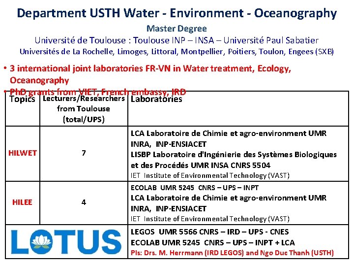 Department USTH Water - Environment - Oceanography Master Degree Université de Toulouse : Toulouse