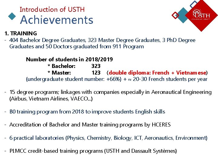 Introduction of USTH Achievements 1. TRAINING - 404 Bachelor Degree Graduates, 323 Master Degree