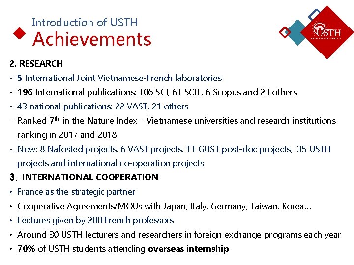 Introduction of USTH Achievements 2. RESEARCH - 5 International Joint Vietnamese-French laboratories - 196