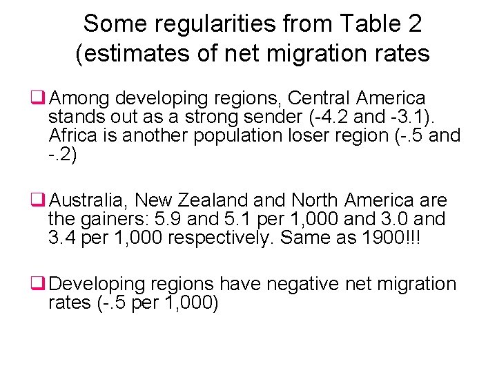 Some regularities from Table 2 (estimates of net migration rates q Among developing regions,