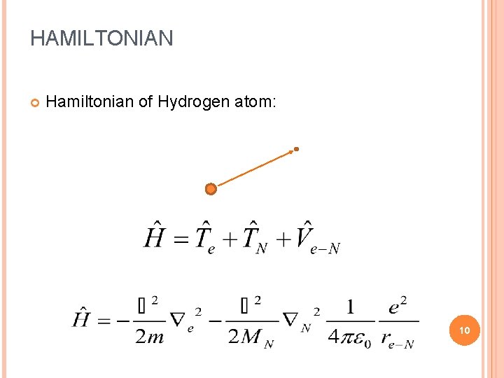 HAMILTONIAN Hamiltonian of Hydrogen atom: 10 