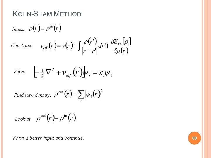 KOHN-SHAM METHOD Guess: Construct Solve Find new density: Look at Form a better input